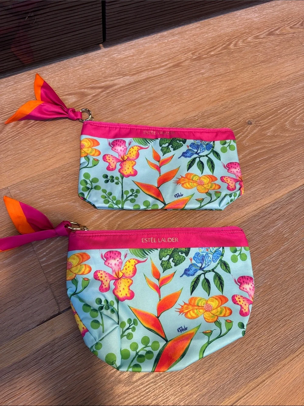 Estee Lauder Floral Satin Pouch Set - Mint, Pink & Orange Accents